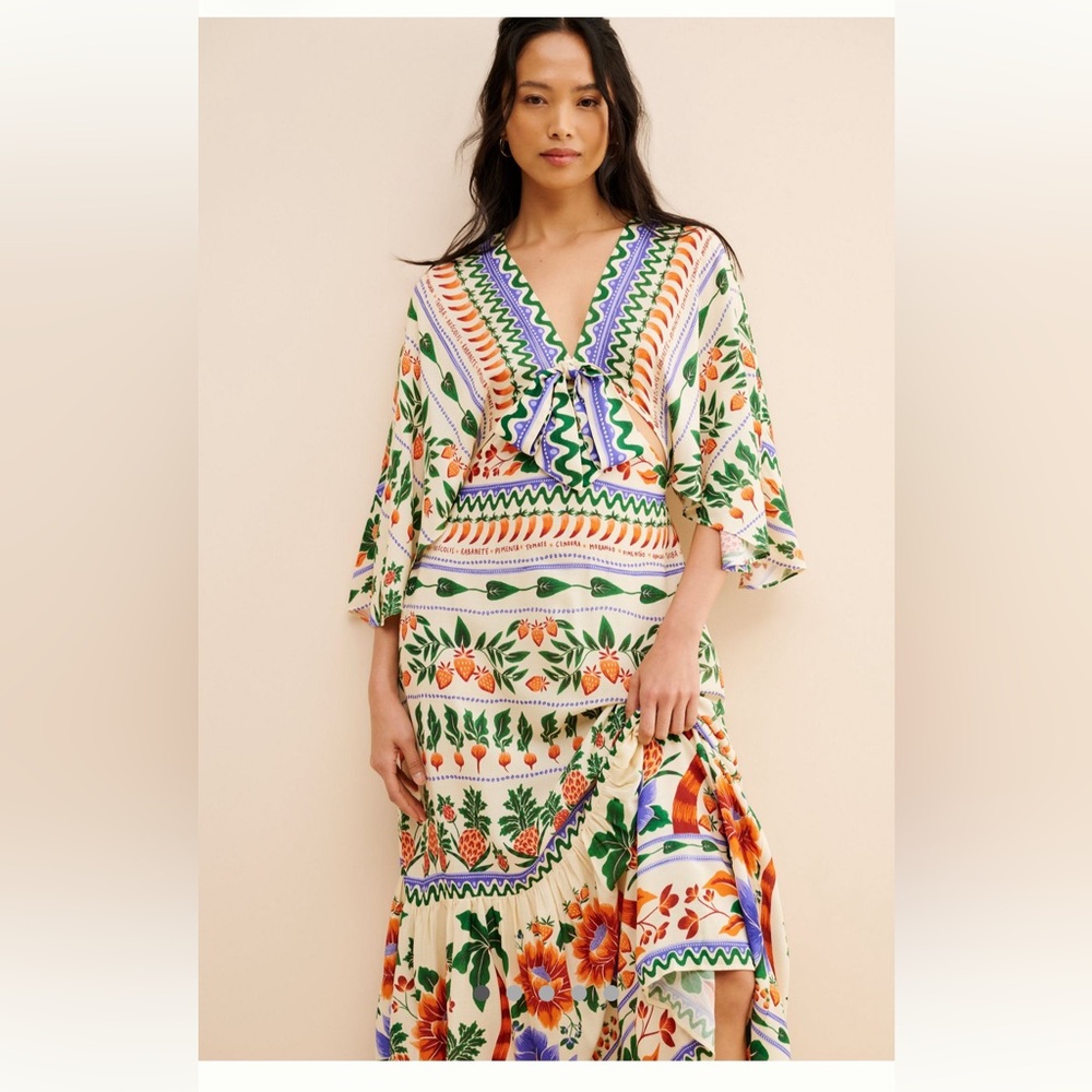 Farm Rio Size L V-Neck Kaftan Maxi Dress Colorful Coastal Cut Outs Resortwear - Picture 2 of 16